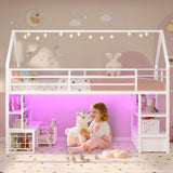 ADORNEVE Low Loft Bed Twin Size with 5 Storage Drawers, Twin Loft Bed with Bookcase & LED Lights, Open Storage Shelves, Metal House Bed with Safety Guardrail & Under-Bed Play Space for Kids, White ADORNEVE