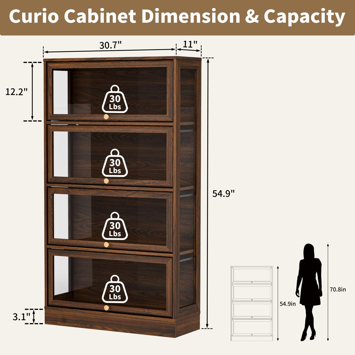 BONITURE Display Cabinet with Acrylic Glass Doors,4-Tiers Curio Cabinet with LED Lighting for Collectibles, Collectibles Toy Organizers Rack & Display Shelf Display Case Storage Cabinet, Walnut BONITURE