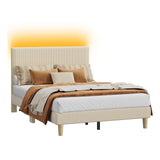Bestier Full Bed Frame with Adjustable Headboard, LED Lighting, Vertical Channel Tufted Corduroy Upholstered, Solid Wooden Slats Support, No Box Spring Needed, Never Squeaks, Easy Assembly, Beige Bestier