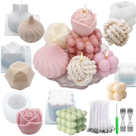 EuTengHao Silicone Candle Molds Set for Candle Making with Candle Wicks, 3D Silicone Mold for Soy Wax, Soap, Cake, Dessert DIY Scented Candle Craft Making EuTengHao