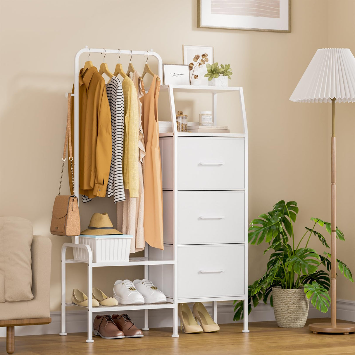 SWTYMIKI Dresser with Hanging Rack - 3 Fabric Drawers Kids Dresser for Bedroom - Reversible Tall Storage Tower, Small Space Clothes Storage Organizer Cabinet for Apartment, Dorm 49.21''H, White SWTYMIKI