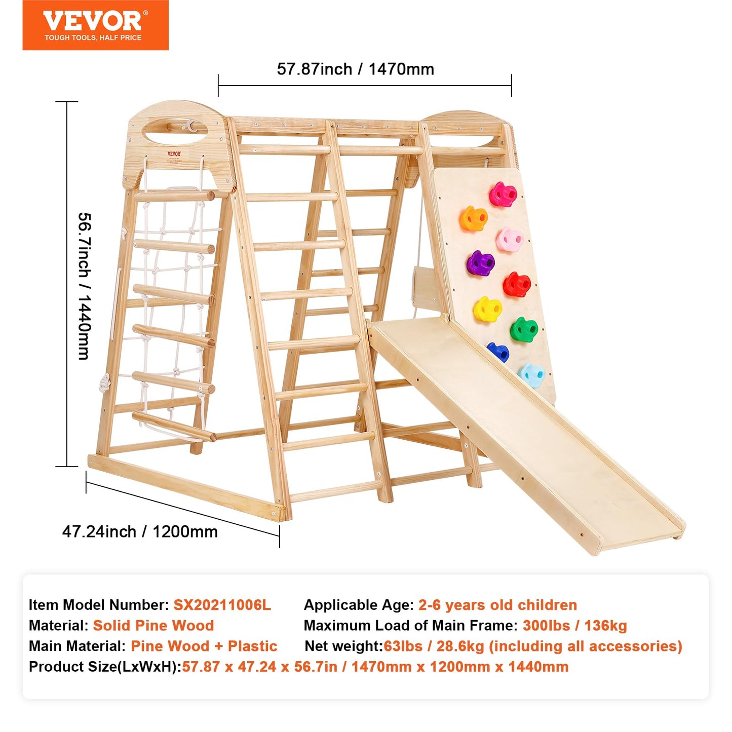 VEVOR Large Size Indoor Jungle Gym, 7-in-1 Toddler Indoor Playground, Wooden Toddler Climbing Toys with Wood & Rope Ladder, Net Ladder, Swing, Monkey Bar, Slide, Climbing Wall, 47.2 x 58 x 56in