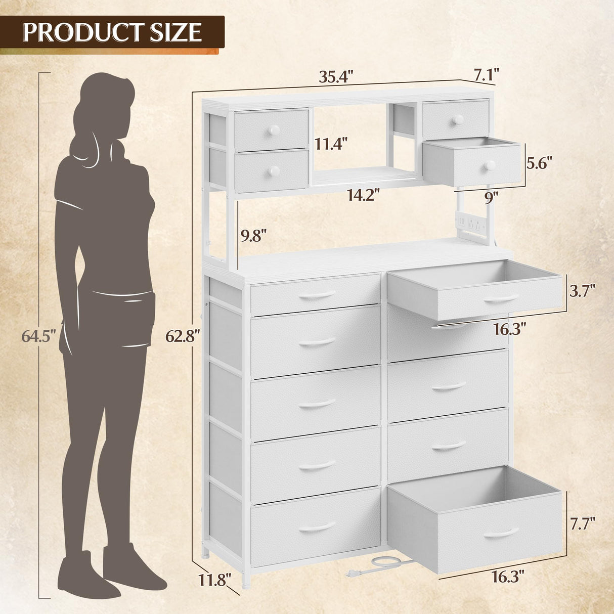 62.8" H Dresser for Bedroom with 14 Fabric Drawers,White Dresser with Charging Station and LED Lights,Dressers & Chests of Drawers for Bedroom, Steel Frame & Wooden Top, Entryway EnHomee