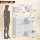 62.8" H Dresser for Bedroom with 14 Fabric Drawers,White Dresser with Charging Station and LED Lights,Dressers & Chests of Drawers for Bedroom, Steel Frame & Wooden Top, Entryway EnHomee