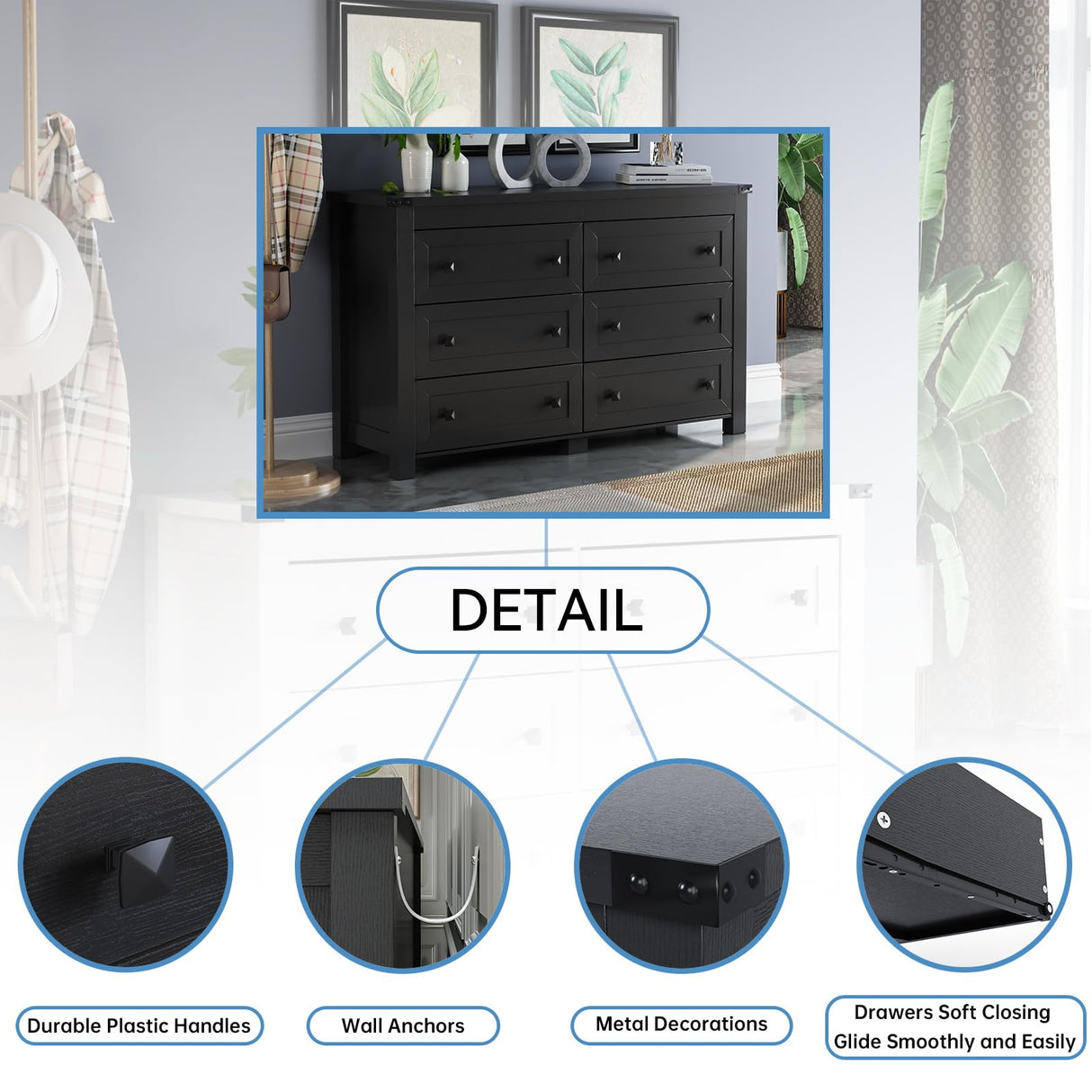 HUANLEGO Black Dresser for Bedroom with 6 Drawers, Modern Chest of Drawers, Wood Dressers Bedroom Furniture Wide Storage Drawers Dressers Organizer for Closet, Living Room, Hallway HUANLEGO