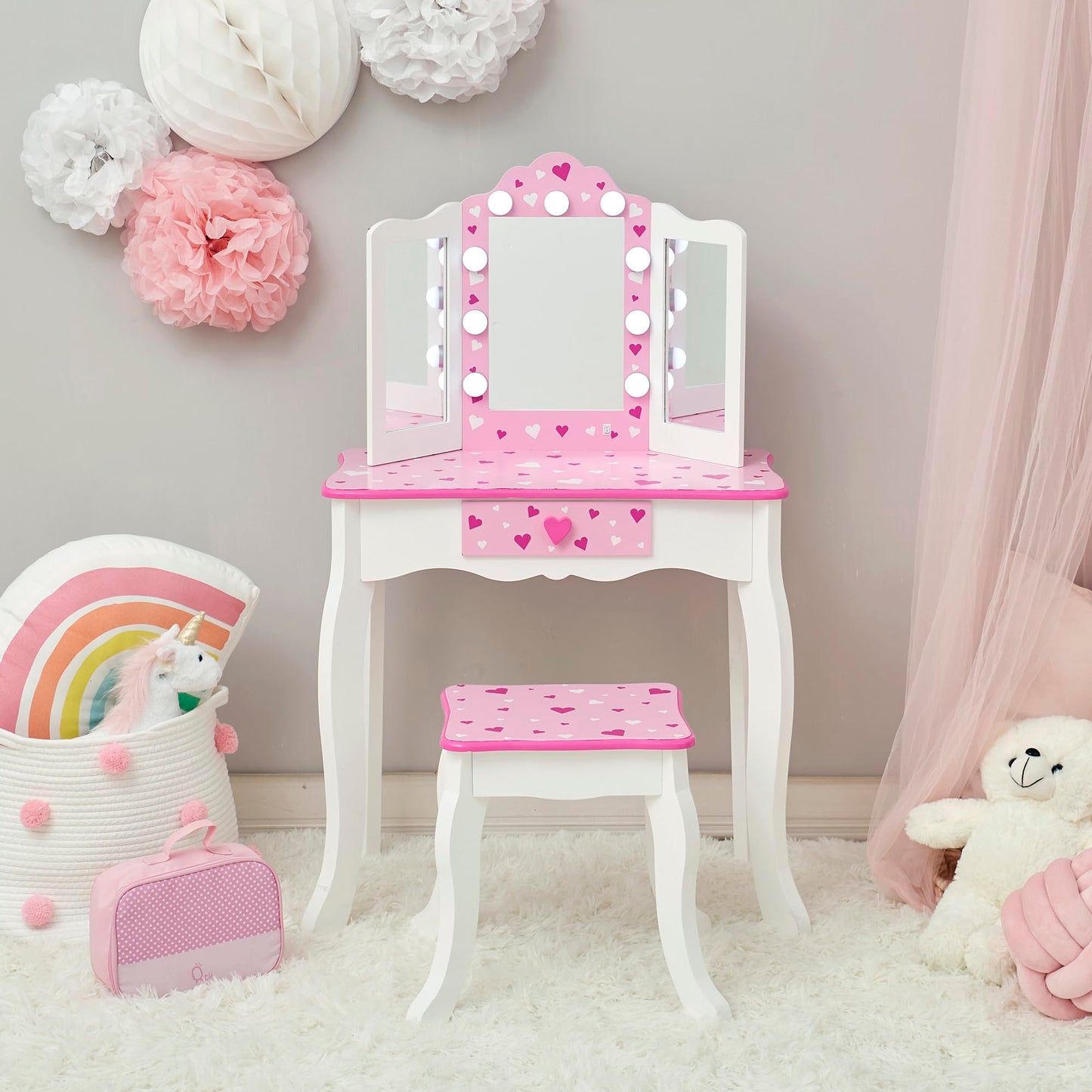 Teamson Kids Little Princess Gisele Sweethearts Print Kids Vanity Set with Matching Stool, Tri-fold Mirror with Glamour LED Lights + Storage Drawer For 3yr and up, Pretend Play House, Salon White/Pink