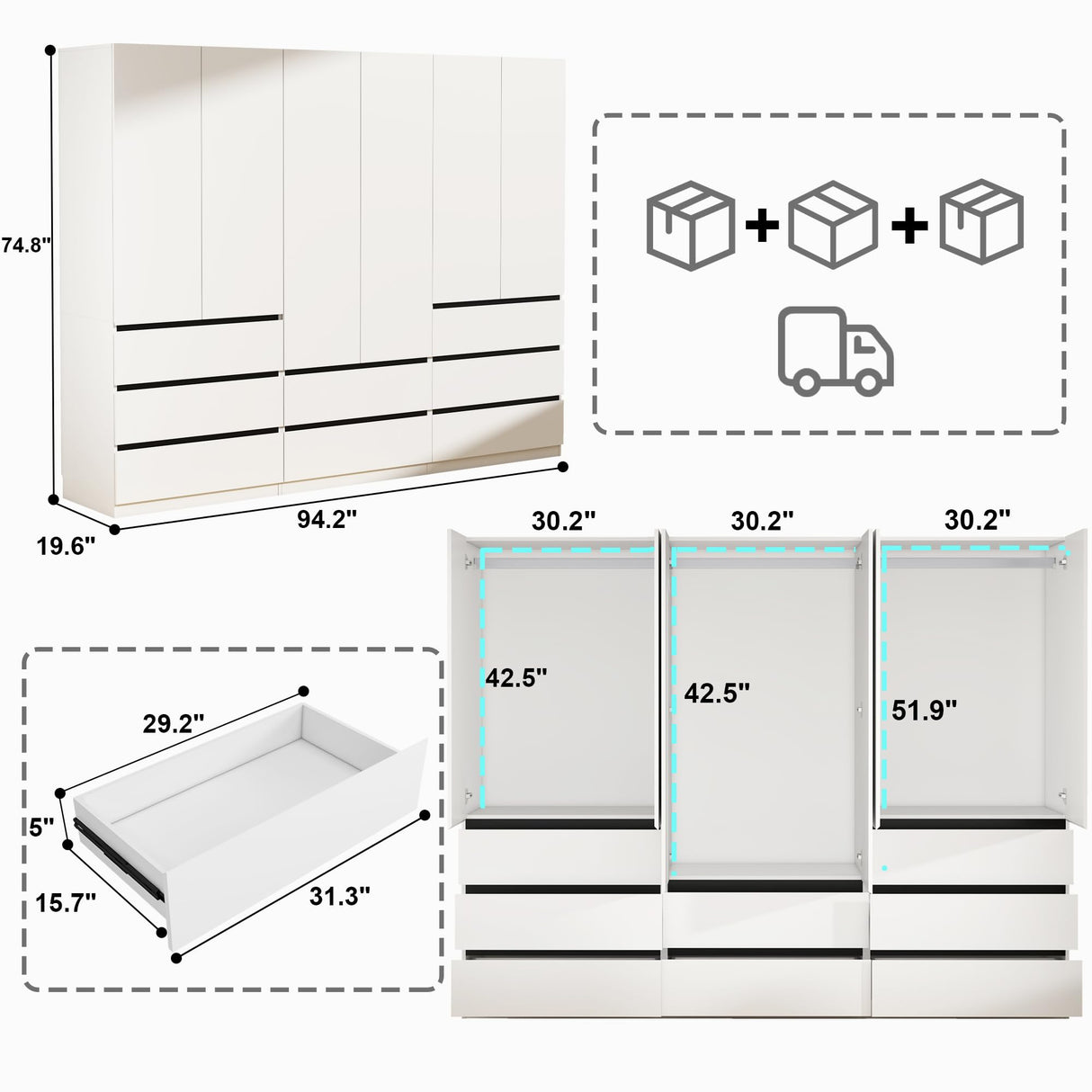 LABROSKIA Wardrobe Closet with 6 Doors: 75" White Armoire with 8 Drawers, Wooden Wardrobe for Hanging Clothes, Tall Storage Cabinet with Shelves and Hanging Rod (B+B+A, 94.5") LABROSKIA