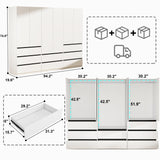 LABROSKIA Wardrobe Closet with 6 Doors: 75" White Armoire with 8 Drawers, Wooden Wardrobe for Hanging Clothes, Tall Storage Cabinet with Shelves and Hanging Rod (B+B+A, 94.5") LABROSKIA