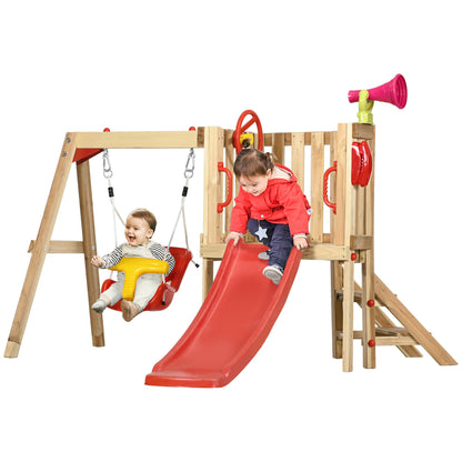 Outsunny 4-in-1 Wooden Swing Set, Kids Outdoor Playset with Swing, Slide, Horn, Steering Wheel, Toddler Playground Set for 18-48 Months, Kids Outdoor Play Equipment, Red