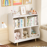 Treocho Kids Bookshelf and Toy Storage Orangizer, 3-Tier Wooden Children's Bookcase with Curve Design, 5 Cubbies Toy Storage Cabinet Display with Legs for Children's Room, Playroom, School, White Treocho