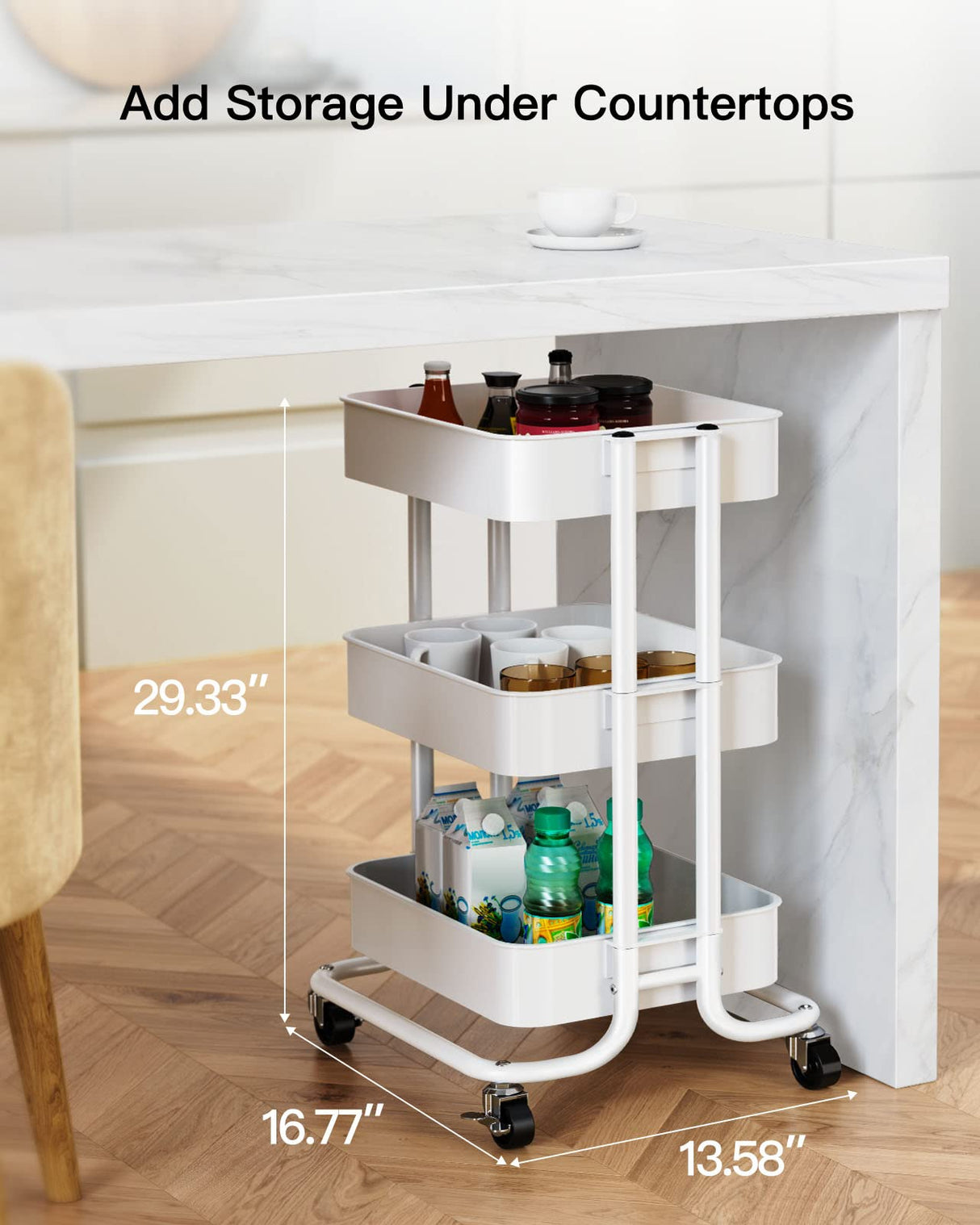 Pipishell 3 Tier Metal Rolling Utility Cart, Heavy-Duty Storage Rolling Cart with 2 Lockable Wheels, Multifunctional Mesh Organization Utility Cart for Kitchen Dining Room Living Room (White) Pipishell