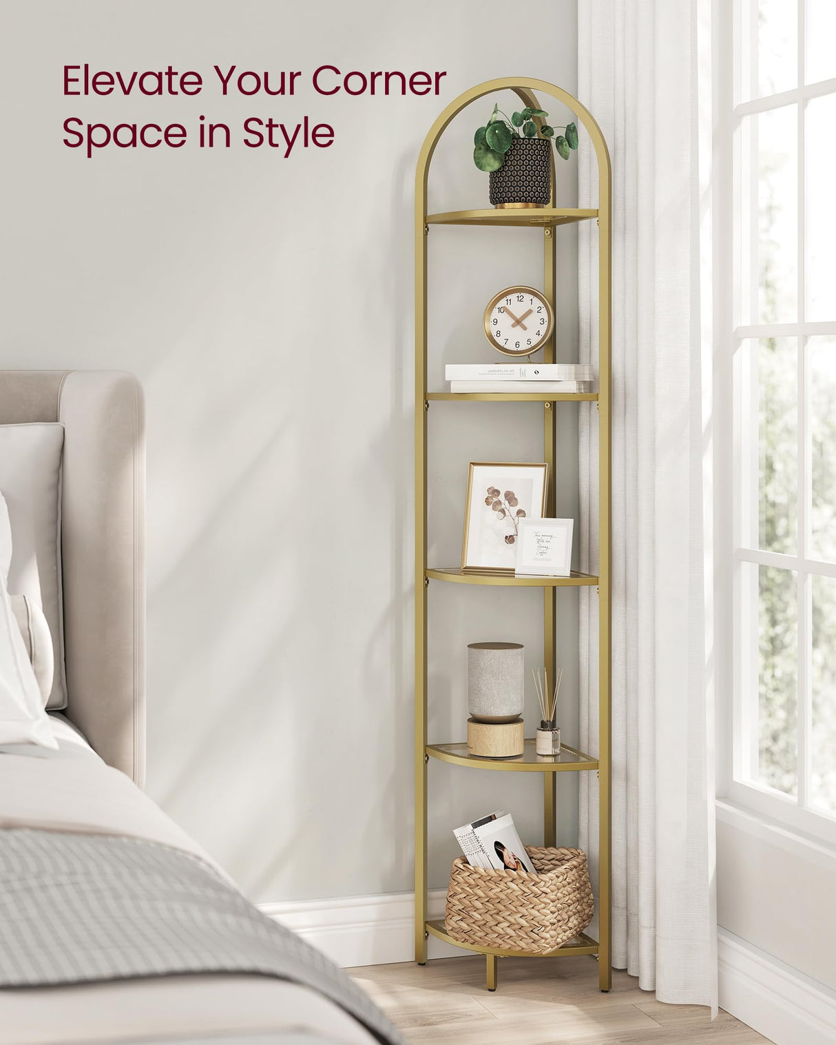 VASAGLE 5-Tier Corner Shelf Stand, Corner Bookshelf, Bathroom Organizer, Plant Stand, Tempered Glass, Steel Frame, Modern Style, for Living Room, Bathroom, Kitchen, Metallic Gold ULGT810A01 VASAGLE