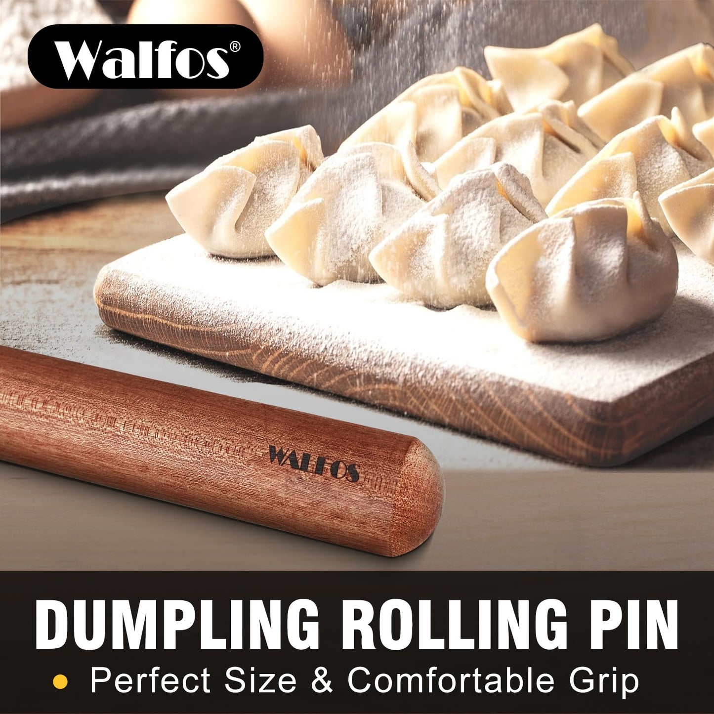 Walfos French Rolling Pin Set - Natural Wooden Rolling Pins (8inch, 15.7inch), Baking Dough Roller for Pizza, Pie, Pasta, Bread, Pastry, No Coating