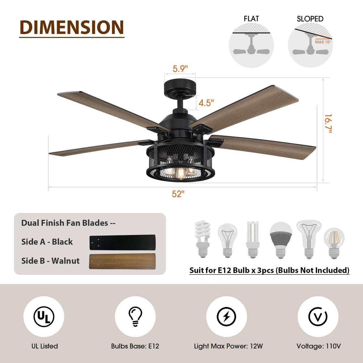 Ceiling Fans with Lights and Remote, 52 Inch Farmhouse Rustic Ceiling Fan for Bedroom Living Room, Black Outdoor Ceiling Fans with Caged Lights Chandelier, Reversible 5 Blades, Ventilador de Techo Parrot Uncle