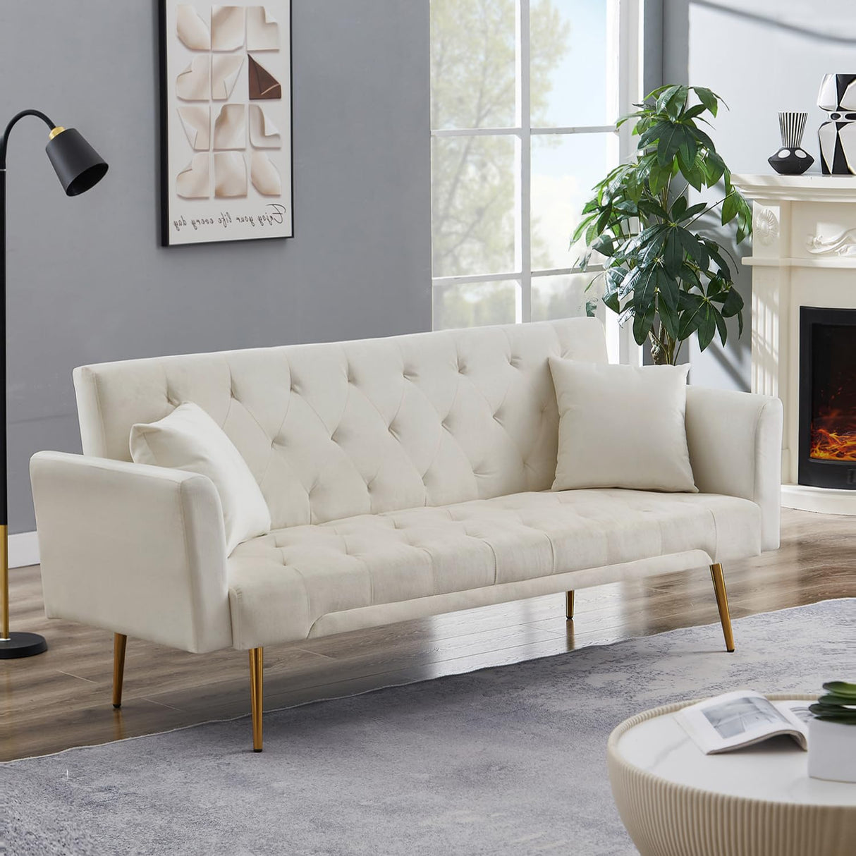 72"Modern Velvet Sofa Bed Futon,Convertible Folding Sleeper Couches with 3 Adjustable Backrests,Tufted Recliner Love Seat with Golden Chrome Legs for Living Room Apartment Home Office (Beige) Anwick