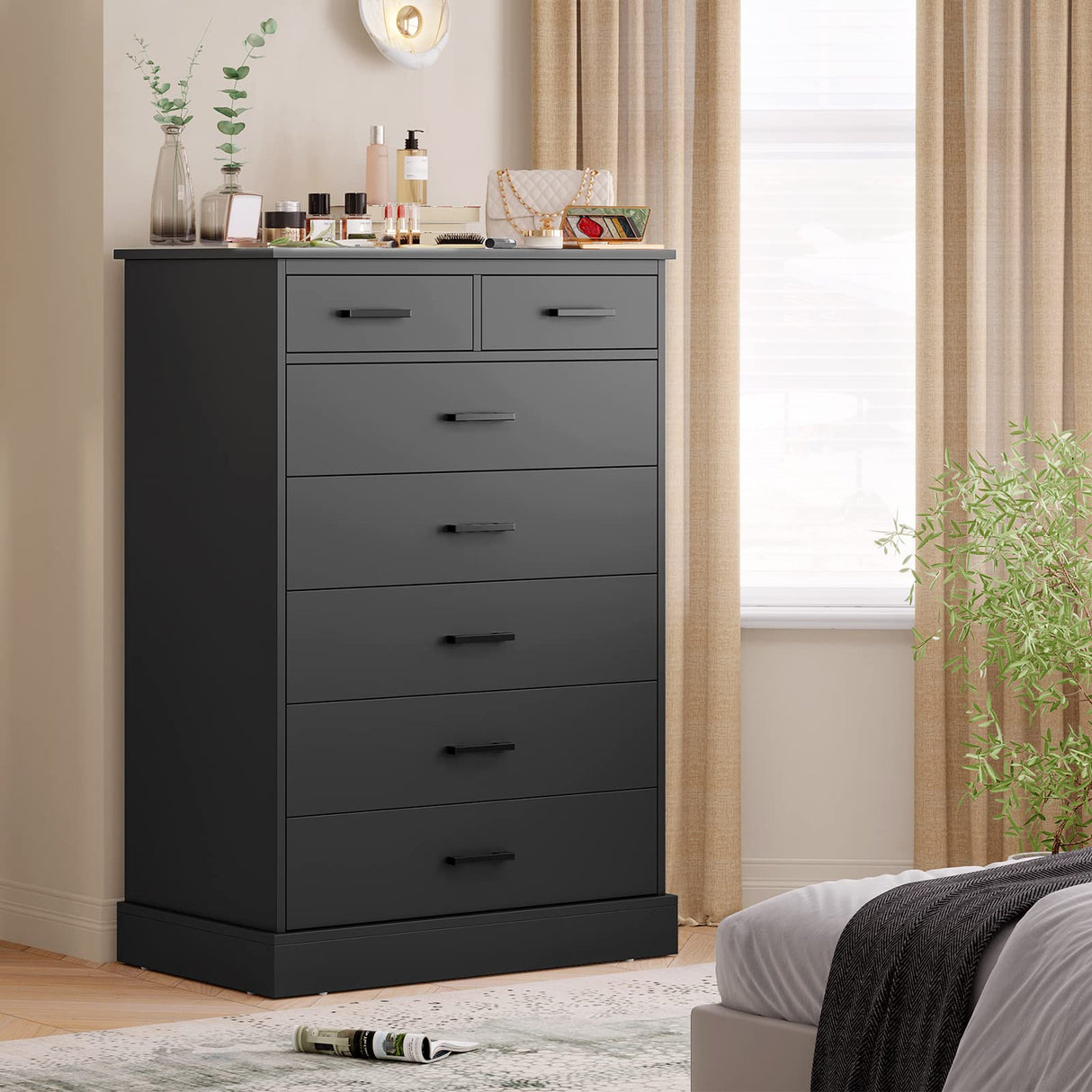 Hasuit Black Dresser for Bedroom, Tall 7 Drawer Dresser with Sturdy Base, Wood Storage Tower Clothes Organizer, Large Storage Cabinet, Chest of 7 Drawers for Closet, Living Room, Hallway Hasuit