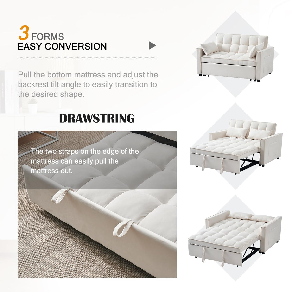 Hixkol Sleeper Sofa Bed, 3 in 1 Sofa Bed Pull Out Couch Bed with Adjustable Backrest, Modern Sofa Bed for Living Room, Convertible Sofa Bed for Bedroom. (White) Hixkol