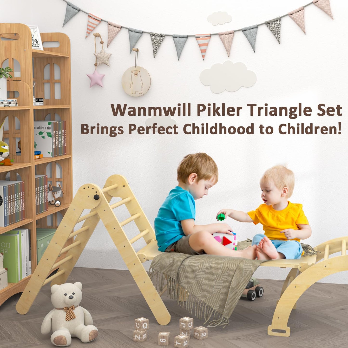 Wanmwill Pikler Triangle Set, 5 in 1 Toddler Climbing Toys, Wooden Montessori Climbing Set with Foldable Ladder & Arch & Ramp, Baby Climber Jungle Gym, Kids Indoor Playground（Natural）