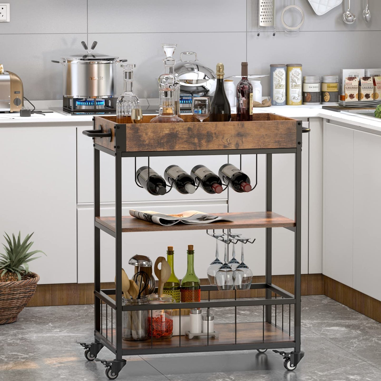 SogesHome Industrial Bar Cart Home, Wine Cart on Wheels with Shelf, Kitchen Serving Utility Cart Beverage Cart with Wine Rack and Glass Holder, Rustic Brown