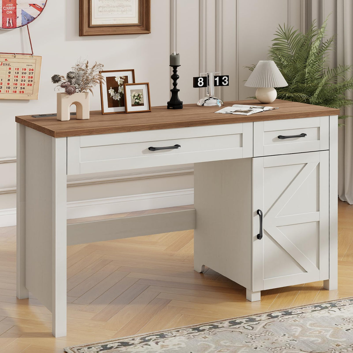 Befrases Farmhouse 47" Executive Desk, Computer Desk with Drawers and Storage Cabinet, Workstation Computer Desk for Home Office and Study.(Unique White) Befrases