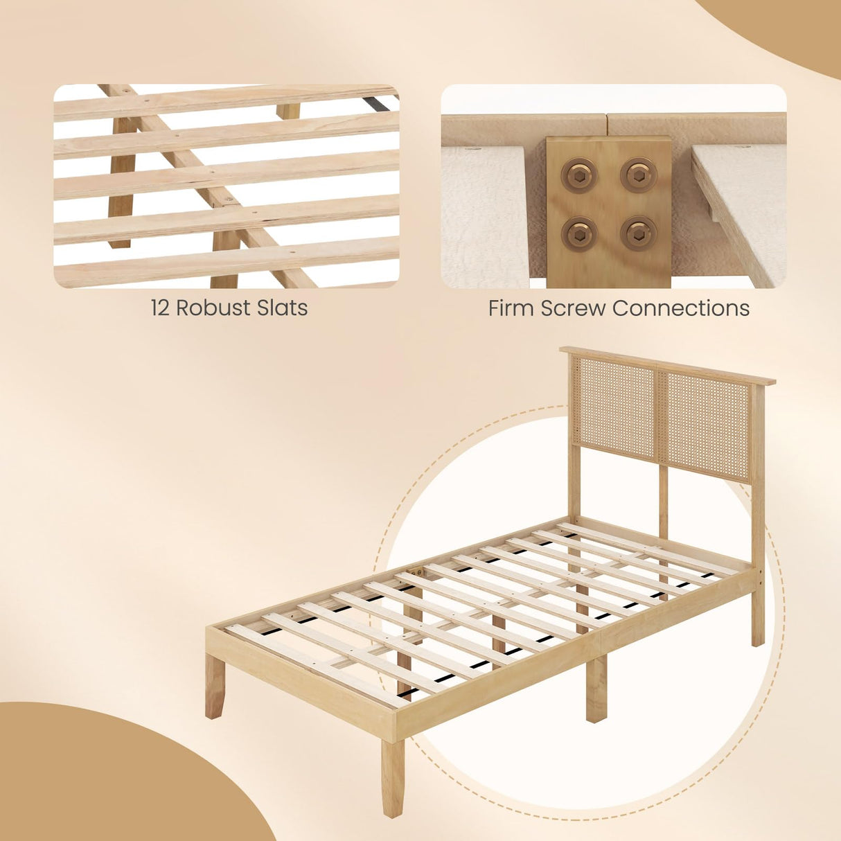 KOMFOTT Twin Size Wood Platform Bed Frame with Rattan Headboard, Boho Rubber Wood Bed Frame with Plywood Slats & Under-Bed Storage, Platform Bed Frame, Mattress Foundation, No Box Spring Needed KOMFOTT