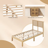 KOMFOTT Twin Size Wood Platform Bed Frame with Rattan Headboard, Boho Rubber Wood Bed Frame with Plywood Slats & Under-Bed Storage, Platform Bed Frame, Mattress Foundation, No Box Spring Needed KOMFOTT