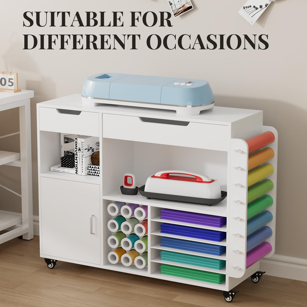 Craft organization and storage Cart Compatible with Cricut Machine, Rolling Craft Organizer With lDual Drawers & Cabinet Door, Vinyl Roll Holder, and Spacious Compartments (Extra Large) CXQ