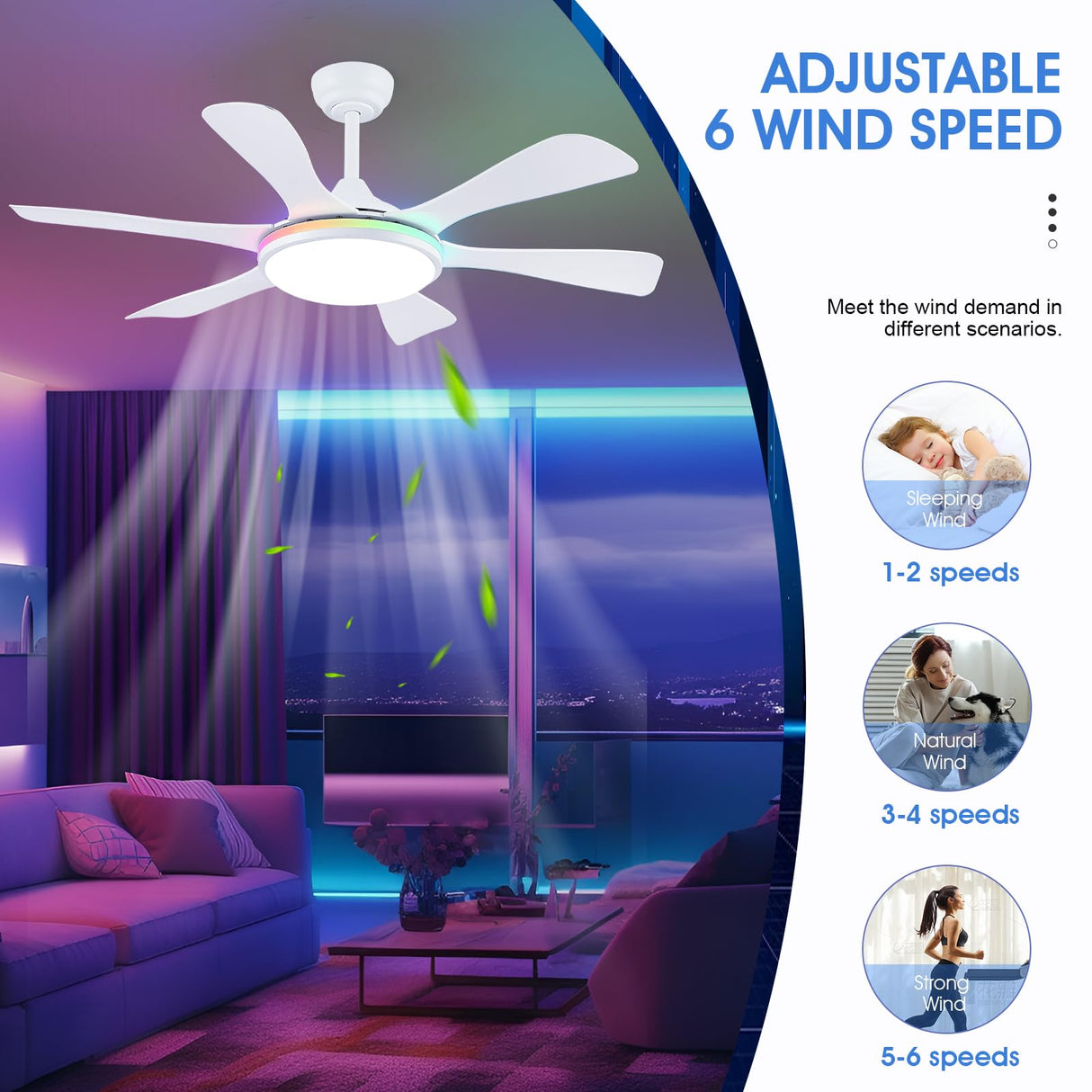 Surtime Ceiling Fans with Lights-47 Low Profile Ceiling Fan with 7-Color RGB Light and Remote/APP Control,Flush Mount,DC Reversible,LED Dimmable White Ceiling Fans for Bedroom,Indoor/Outdoor Patio Surtime