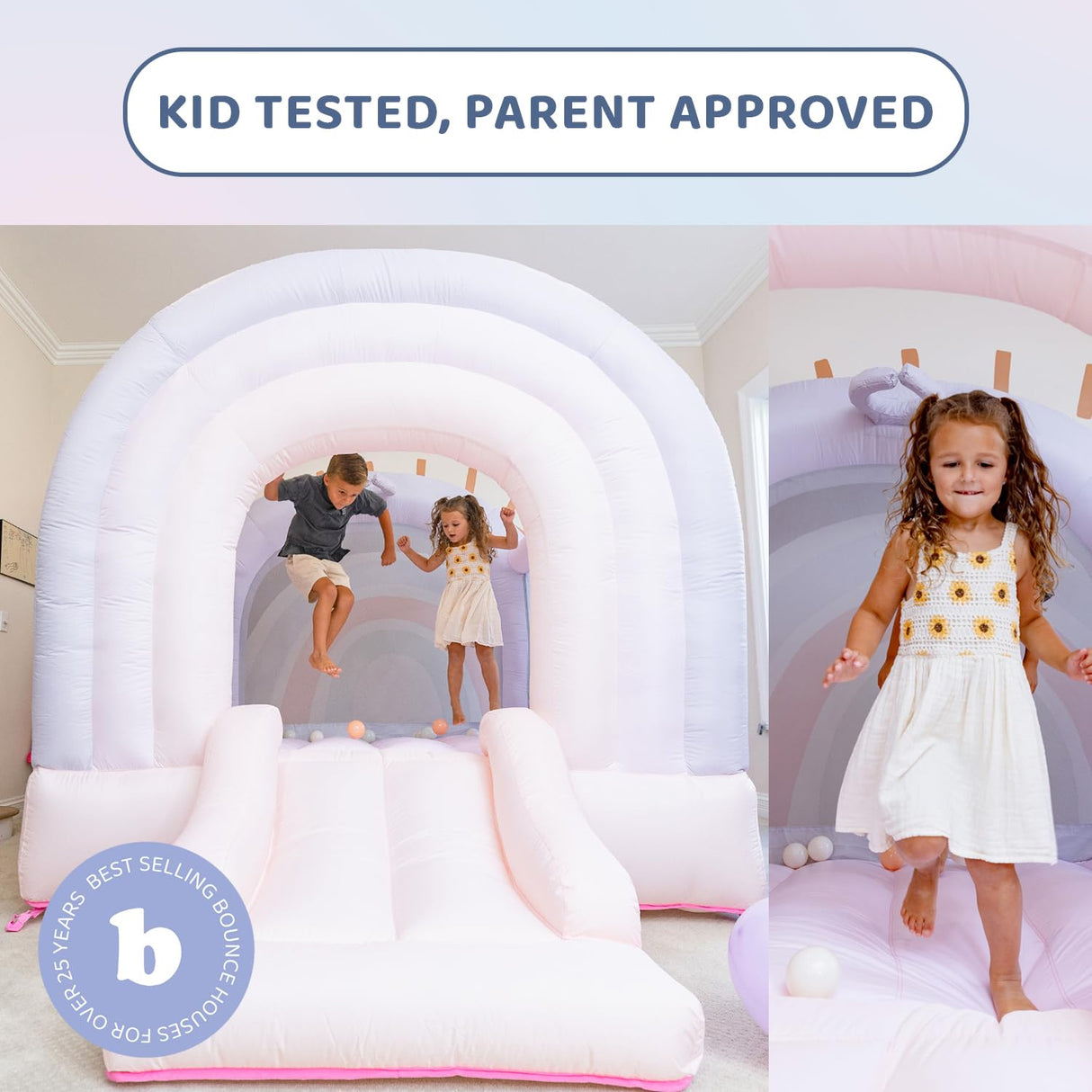 Bounceland Daydreamer Cotton Candy Bounce House, Pastel Bouncer with Slide, 8.9 ft L x 7.2 ft W x 6.7 ft H, UL Blower Included, Basketball Hoop, 30 Pastel Plastic Balls, Trendy Bouncer for Kids Bounceland