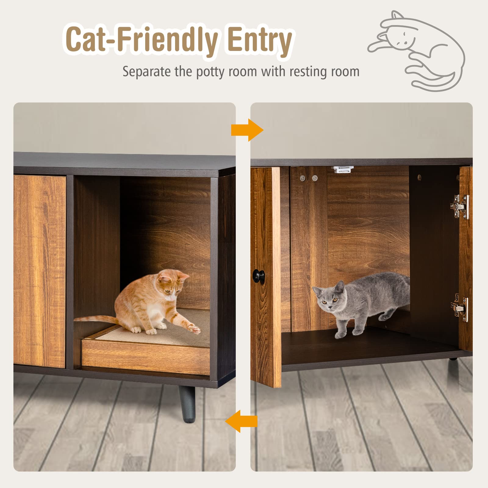 PETSITE Cat Litter Box Enclosure, Wooden Litter Box Cabinet with Divider, Scratching Pad & Metal Legs, Litterbox Enclosure Furniture with Double Doors, Hidden Litter Box, 35.5 x 20 x 20 inch - WoodArtSupply