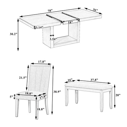 XD Designs 6-Piece Expandable Dining Table Set, Thickened Acacia Wood Dining Table with 18inch Removable Leaf and 4 Upholstered Dining Chairs& Bench for Kitchen Dining Room (Natural-2) - WoodArtSupply