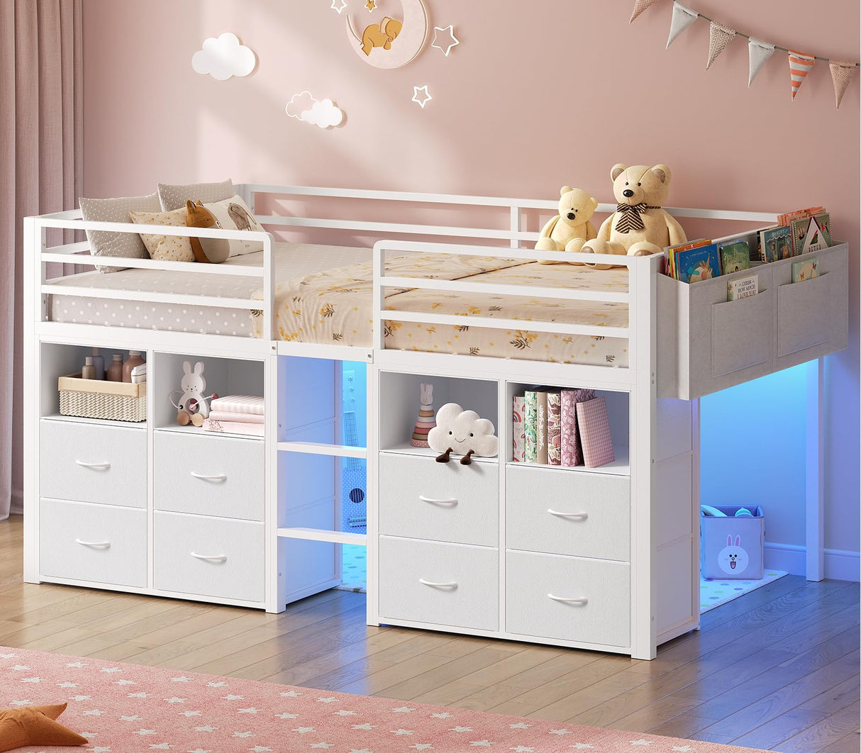 ADORNEVE Low Loft Bed Twin Size with 8 Storage Drawers, Twin Loft Bed with Bookcase and LED Lights, Metal Kids Loft Bed with 14" H Safety Guardrail, Under-Bed Play Space, No Box Spring Needed, White ADORNEVE