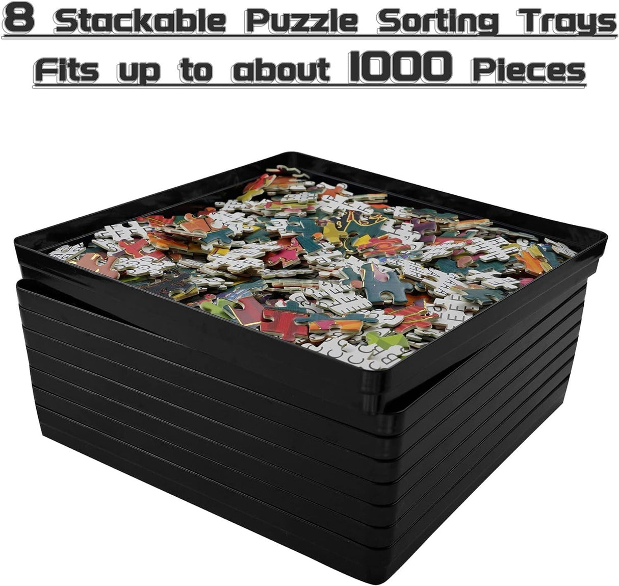 8 Sorting Trays for Jigsaw Puzzles - Fit Up to 2000 Pieces, 8"X8" Accessories, Stacking Trays - Gift for Puzzlers (Black) WISHDIAM