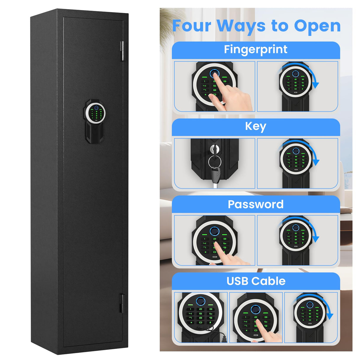 Gun Safe, 2-3 Fingerprint Gun Safes for Home Rifle and Pistols, Quick Access Gun Safe for Rifles and Shotguns with Adjustable Gun Support & Removable Shelf, Long Gun Safe with Dual Alarm & Mute Mode silkight