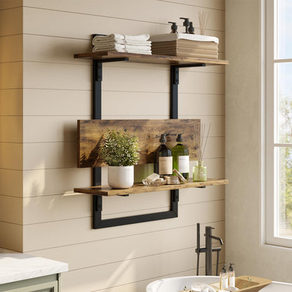 Bestier Floating Shelves for Wall, 24 inch Kitchen Shelves Wall Mounted, 3 Tier Coffee Bar Shelf with Foldable Brackets, Industrial Display Shelf for Bathroom, Living Room, Rustic Brown - WoodArtSupply