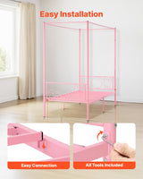 VEVOR Canopy Bed Frame Twin Size, Metal Canopy Bed with Minimalist Headboard & Four Posters Design, Heavy Duty Steel Slats Support, Underbed Storage Space, No Box Spring Needed, Easy Assembly, Pink VEVOR
