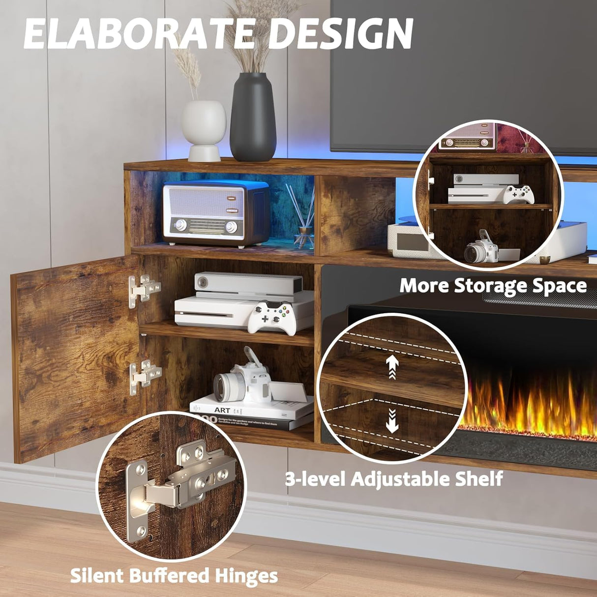 PUKAMI 70" Floating TV Stand with 36" Electric Fireplace,Wall Mounted Entertainment Center with LED Lights and Highlight Storage Cabinet for TVs up to 80" for Living Room (Brown) PUKAMI