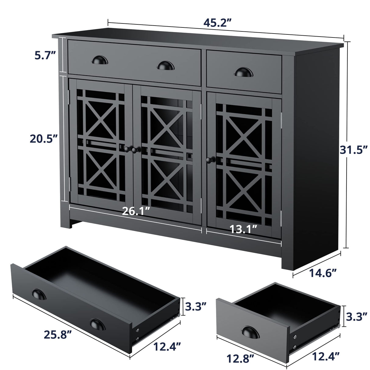 Cozy Castle Modern Buffet Cabinet with Drawers, Wood Sideboard Buffet Cabinet with 3 Acrylic Glass Doors, Freestanding Bar Cabinet, Black Cozy Castle
