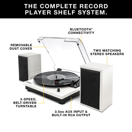 Victrola Montauk Vinyl Record Player, White Wood Finish, 3-Speed Belt Driven Turntable with Stereo Bluetooth Speaker Pair, RCA Output and 3.5mm Headphone Jack, Removable Dust Cover Victrola