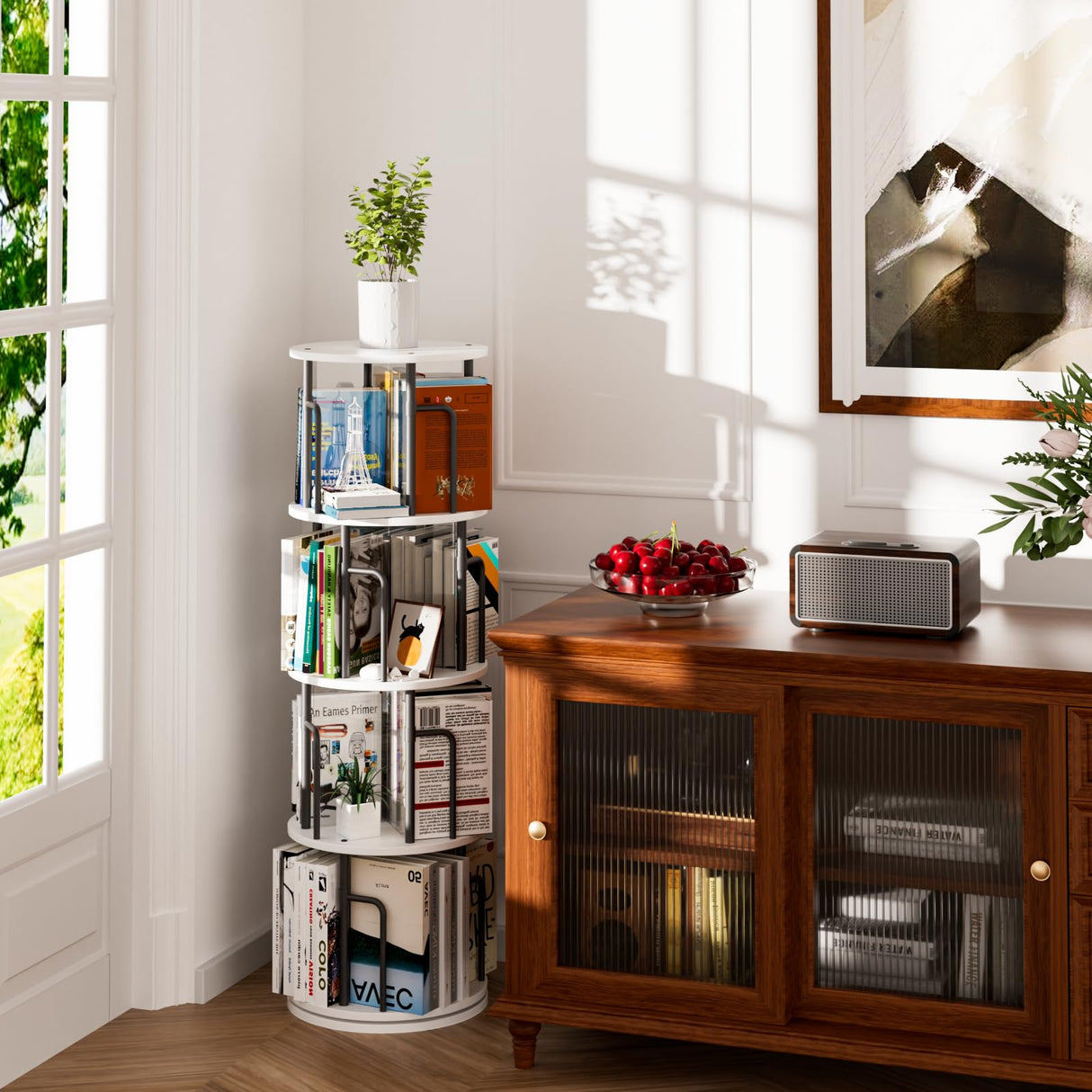 YYTDDUUU Rotating Bookshelf,4 Tier Revolving Bookshelf Tower Spinning Bookcase,Round Rotating Book Shelf,Corner Bookcase Corner Organizer for Home&Office YYTDDUUU