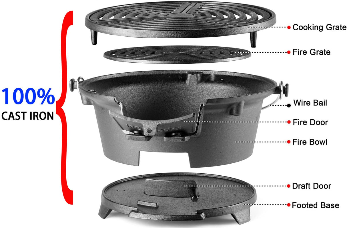 IronMaster Hibachi Grill Outdoor, 100% Cast Iron Grill, Mini Small Portable Charcoal Grill for Outdoor Camping Stove - 2 Heights, Air Control, Coal Door IronMaster