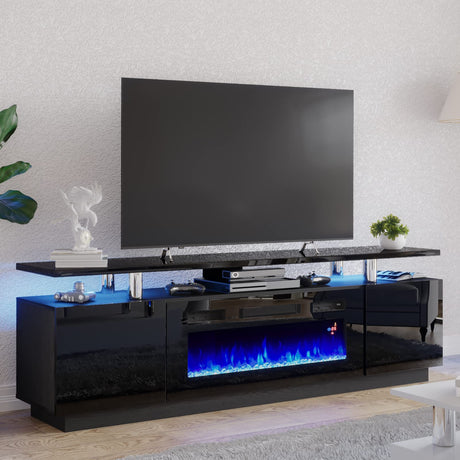 AMERLIFE Fireplace TV Stand with 36" Fireplace, 70" Modern High Gloss Fireplace Entertainment Center LED Lights, 2 Tier TV Console Cabinet for TVs Up to 80", Obsidian Black AMERLIFE