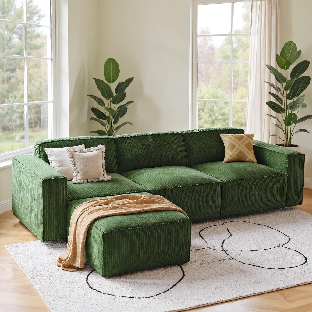 Amada 111" L Shaped Sofa Modular, Corduroy Clopud Couches with Deep Seats &High-Back, Upholstered Couches for Living Room Bedroom with Ottoman, No Assembly Required(2-Seater&1 Ottoman,Green) AMADA HOMEFURNISHING