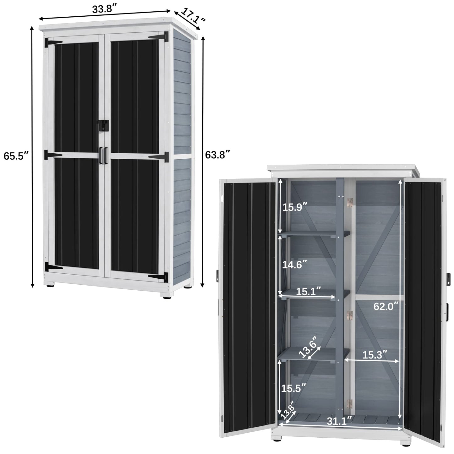 GDLF Outdoor Storage Cabinet Wood & Metal Garden Shed with Waterproof Roof and Sturdy Lockable Doors 66" - WoodArtSupply