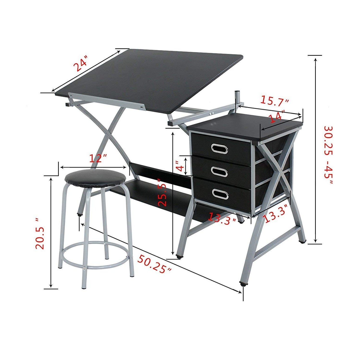 BBBuy Drafting Table Drawing Desk Art Craft Adjustable Tabletop Craft Table w/ 3 Slide Drawers and Stool Set Art Design Workstation for Writing, Painting, Sketching for Home Office, Black