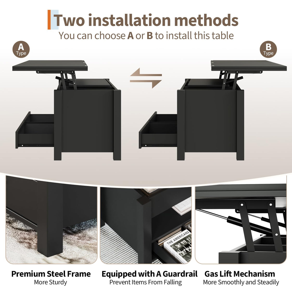 Garvee 40" Coffee Table Lift Top, Multi-Function Convertible Coffee Table with Drawers and Hidden Compartment, Converts to Dining Table for Living Room, Black Garvee