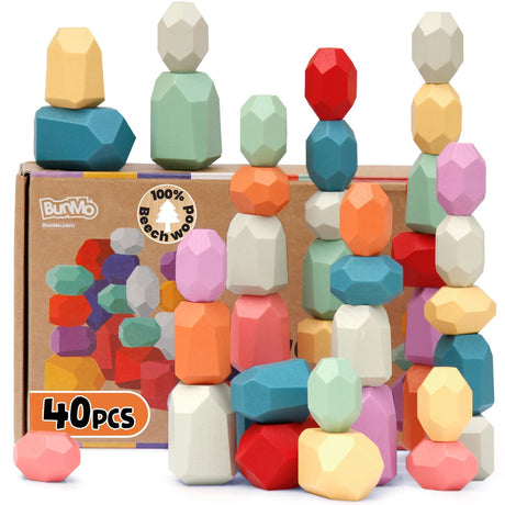 BUNMO Wooden Blocks - Stacking Rocks 40pcs - Montessori Toys for 3 Year Old - Stimulating Creative & Imaginative Play - Wood Blocks Stacking Toys - Toys for 3 Year Old Boy or Girl - Non-Mouthable Toy BUNMO