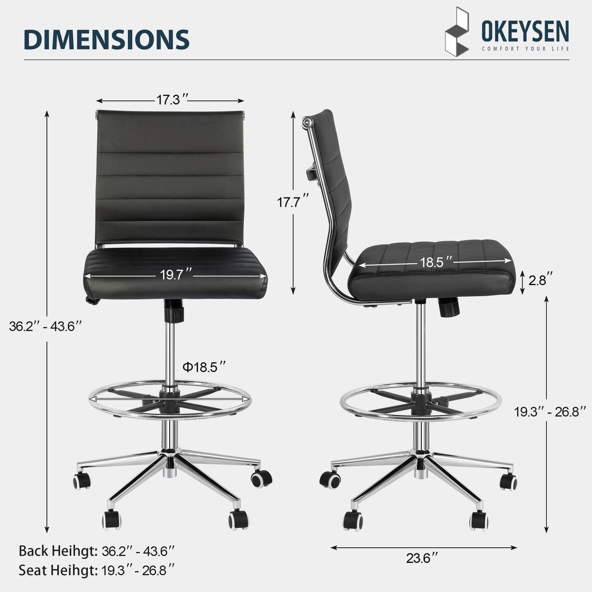 Okeysen Drafting Chair Armless Desk Stool, 400 LBS Ergonomic Leather Tall Office Chair with Adjustable Foot Ring, Modern Standing Desk Chair with Ribbed Mid Back, Swivel Rolling Drafting Stool. Lepdep