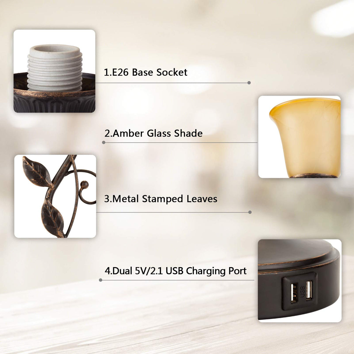 Touch Control Table Lamp with 2 USB Charging Ports, 3-Way Dimmable Bedside Nightstand Lamps, Amber Glass Shade Vintage Rural Leaf Lamp for Living Room, Bedroom, Dresser, LED Bulb Included (Bronze) RORIANO