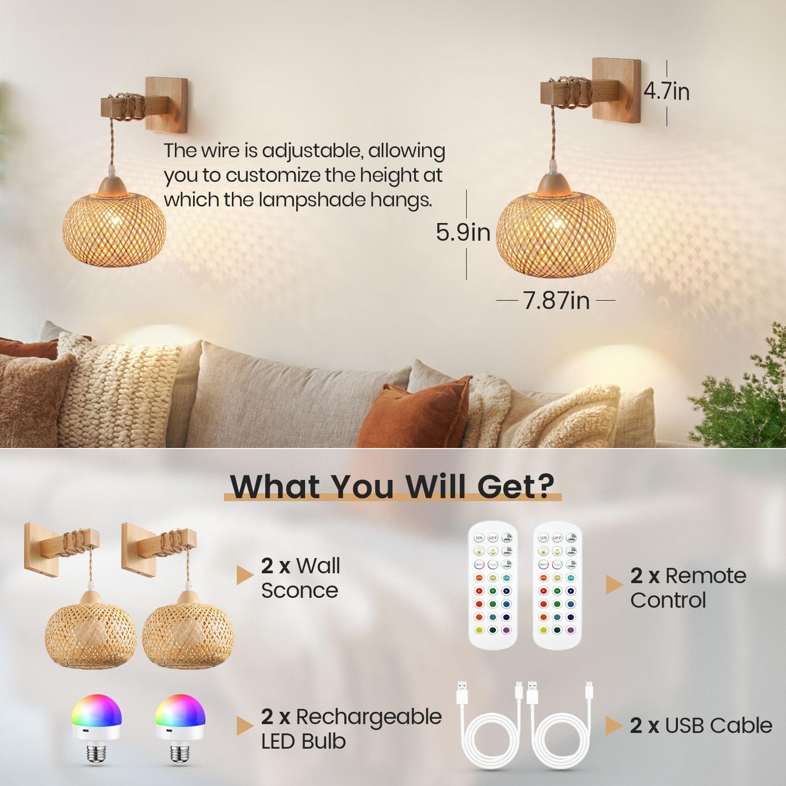 Battery Operated Wall Sconce Set of Two, Wireless Rechargeable Wall Lights, Rattan Wall Lamps with Remotes and Dimmable RGB LED Bulbs, Indoor Boho Wood Sconces Wall Decor for Bedroom Living R - WoodArtSupply